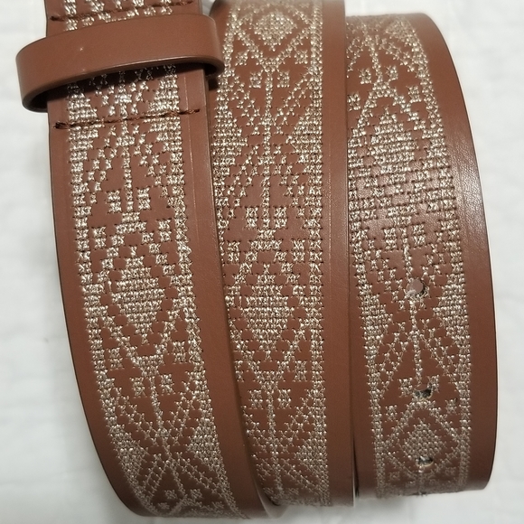LOFT Aztec Stitched Brown Belt Gold Buckle L NWT